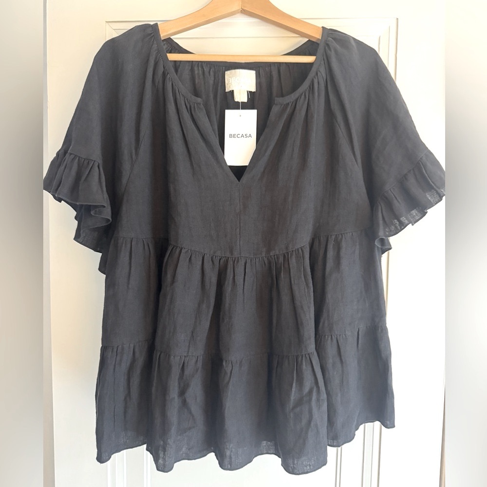 NEW! Women's Black Ruffle Linen Top